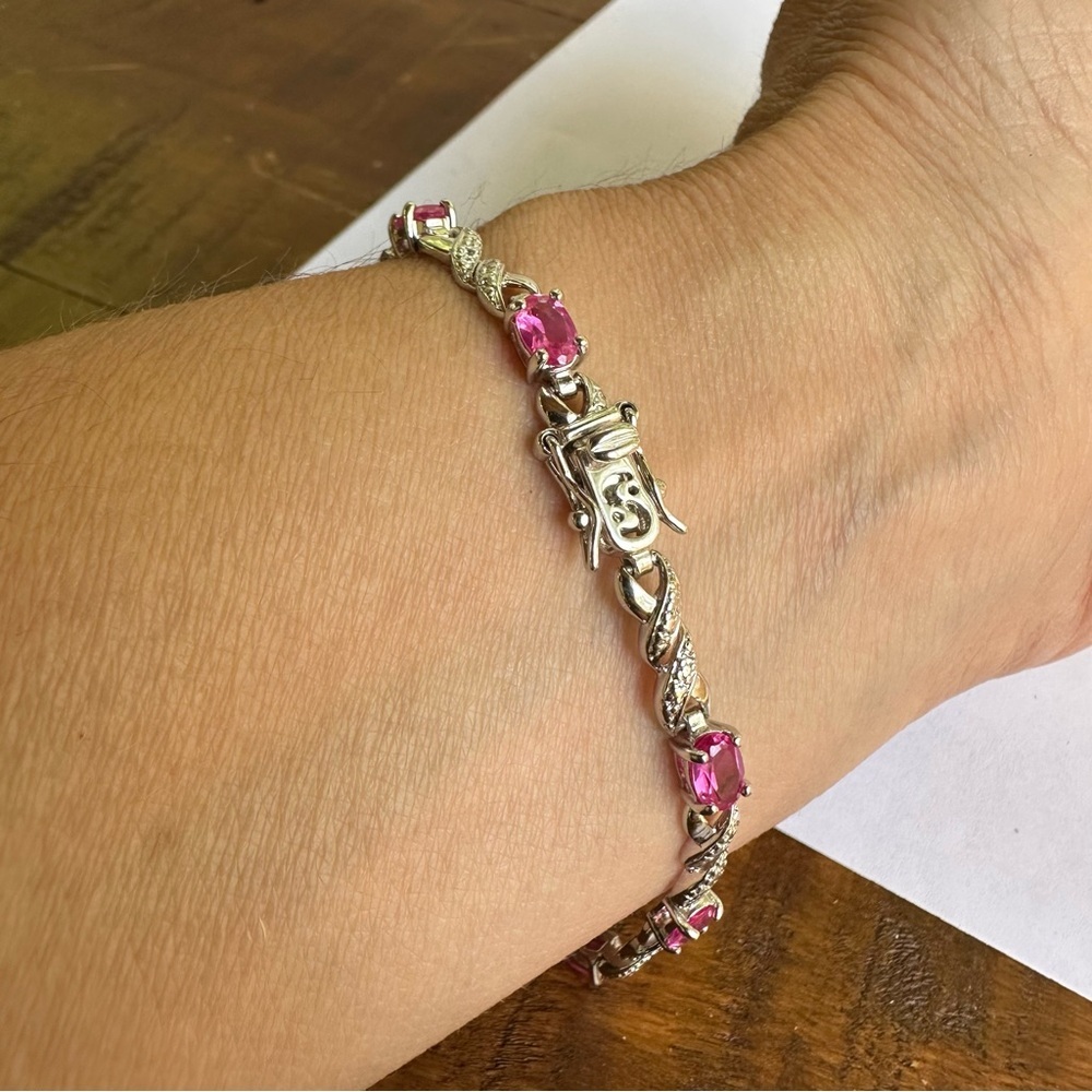 Sterling Silver 925 Hot Pink Topaz Gemstone Oval Tennis Bracelet 7.5” Length - Picture 6 of 12